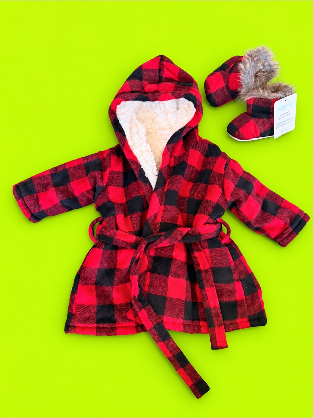 Indigo Baby Buffalo Plaid Robe + NWT Booties 0–12M